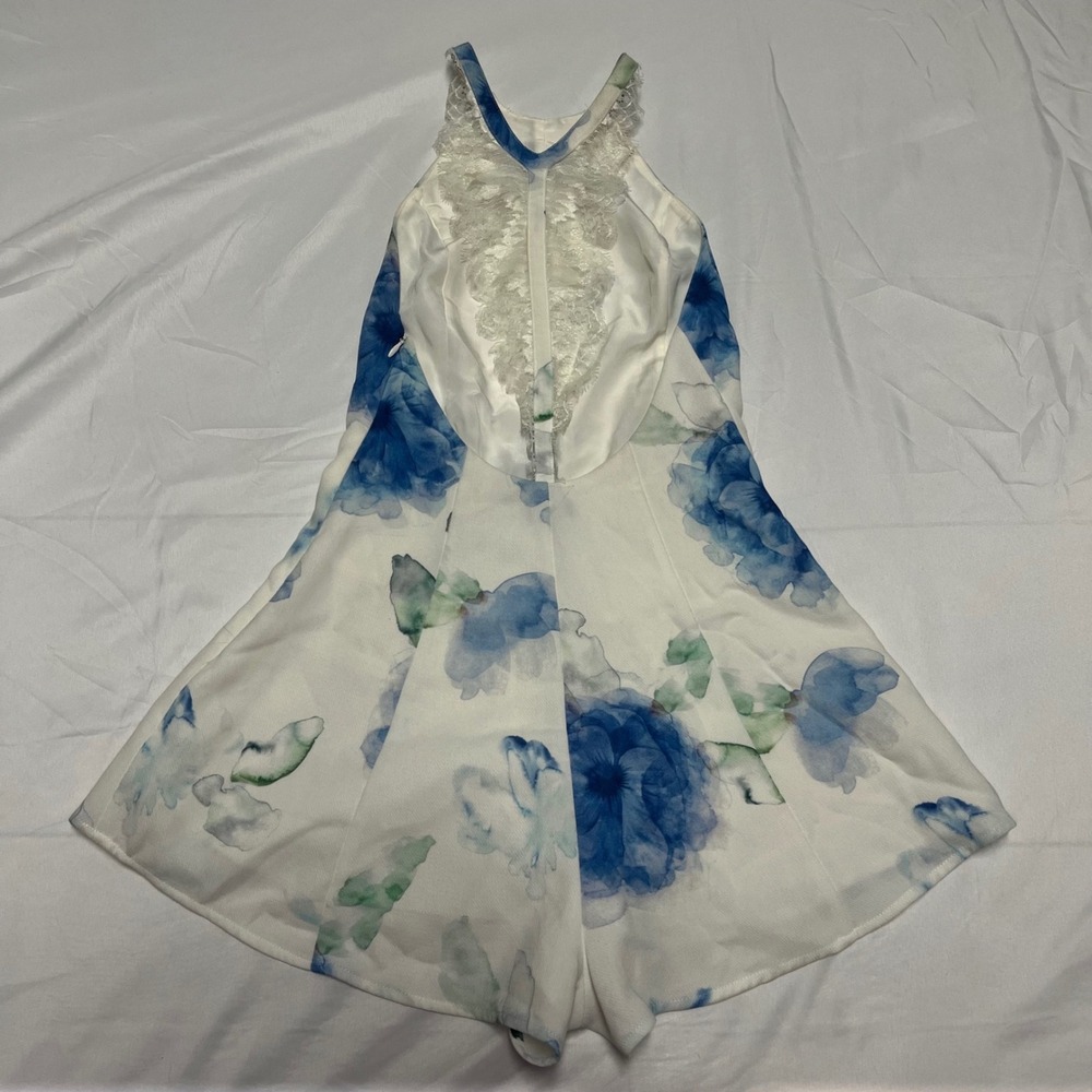 NBD White Blue Floral Watercolor Halter Lace Open Back Romper XS - Picture 6 of 8
